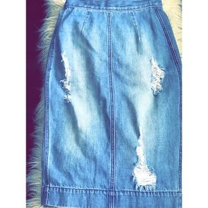 Bebe Denim Distressed Denim Pencil Skirt
